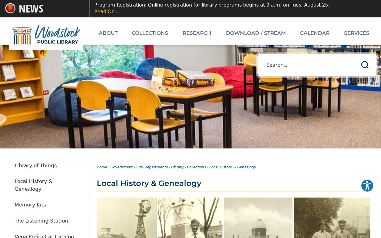Woodstock Public Library local history and genealogy holdings page