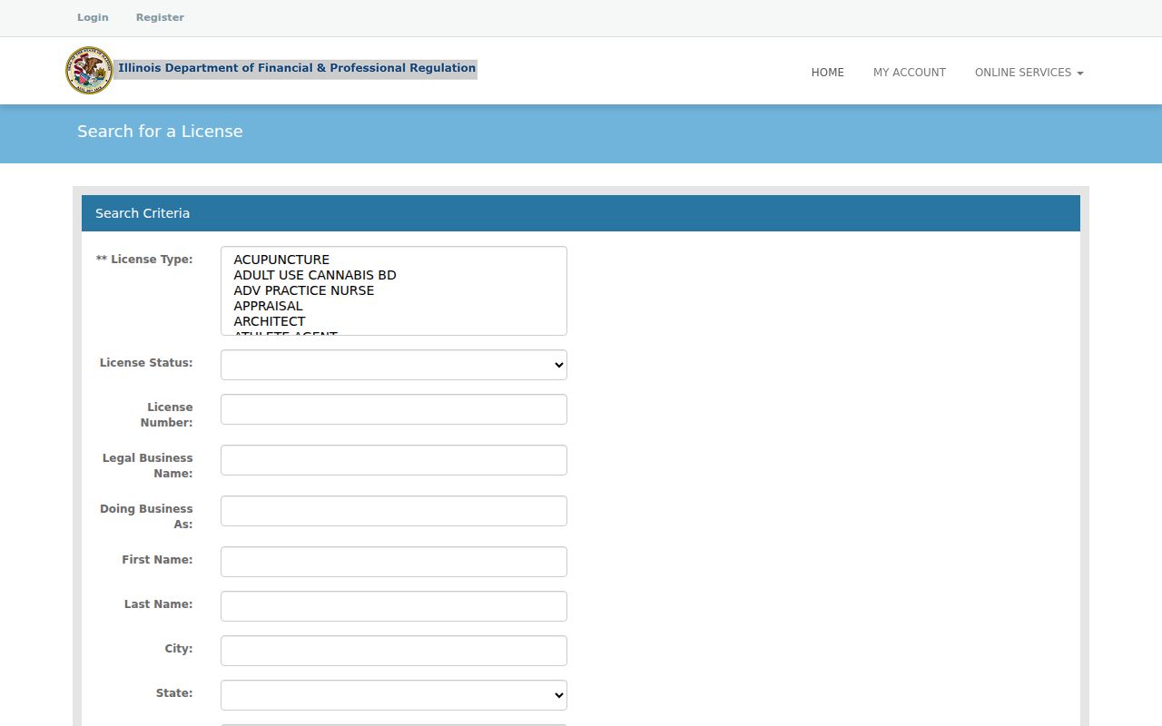 Illinois professional license lookup used to verify a Woodstock public credential